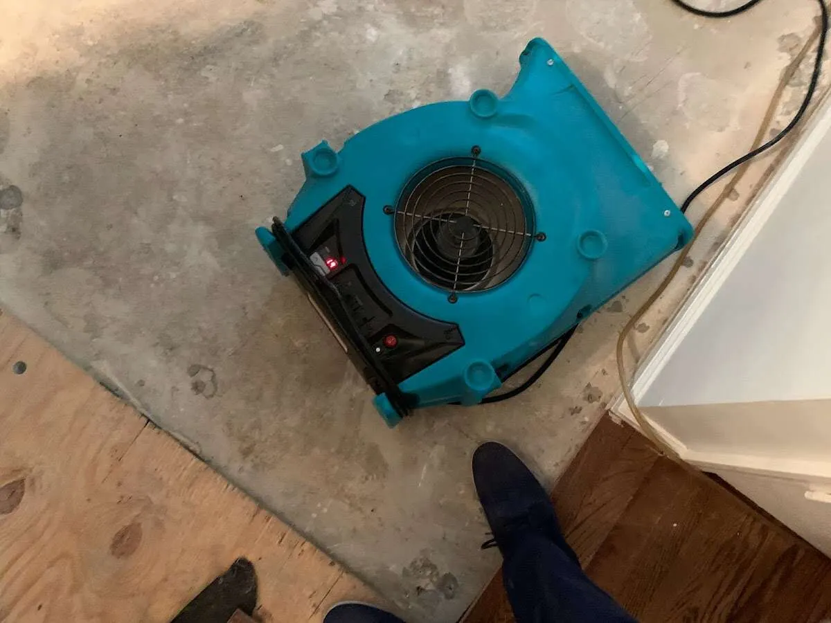 Air mover drying subfloor during Commercial Water Damage Restoration in Lyman